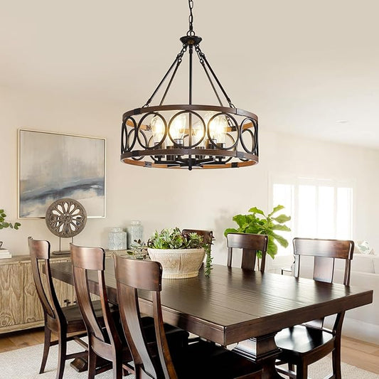 21'' Farmhouse Chandelier, 6-Light Walnut Wood Grain Dining Room Light Fixture Over Table, Rustic Industrial Drum Hanging Pendant Lights Fixture for Kitchen Island Bedroom Hallway Foyer Entryway