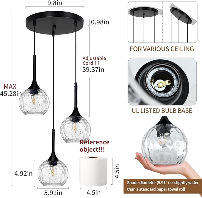 3 Light Pendant Lighting: 5.91'' Glass Pendant Lights Kitchen Island with Hammered Glass & Black Finish - Modern Minimalist Hanging Light Fixture for Kitchen Sink Dining Room - E26 Base