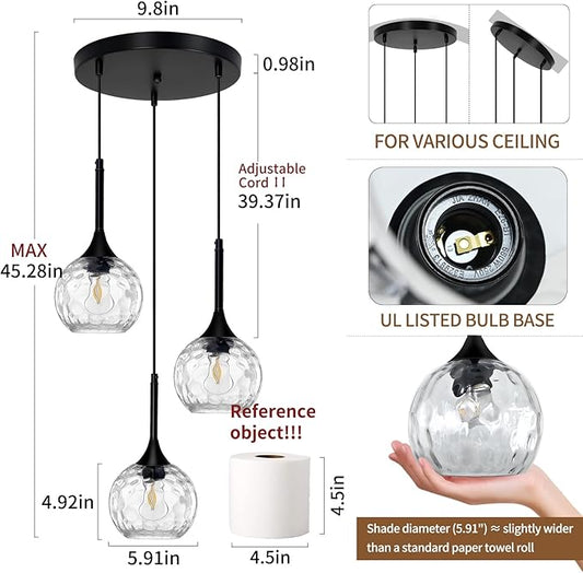 3 Light Pendant Lighting: 5.91'' Glass Pendant Lights Kitchen Island with Hammered Glass & Black Finish - Modern Minimalist Hanging Light Fixture for Kitchen Sink Dining Room - E26 Base