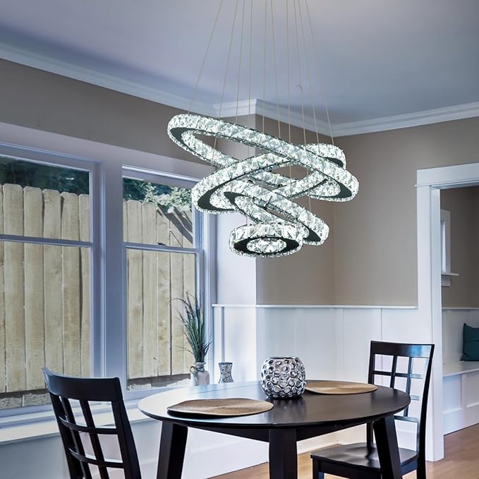 Dimmable Crystal LED Chandelier(3000-6500K) for High Ceiling – Remote Control, Adjustable Height, Modern Stainless Steel Fixture for Foyer, Staircase, Living Room(Chrome 4-Ring)