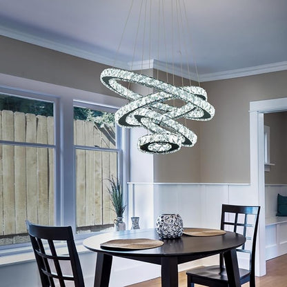 Dimmable Crystal LED Chandelier(3000-6500K) for High Ceiling – Remote Control, Adjustable Height, Modern Stainless Steel Fixture for Foyer, Staircase, Living Room(Chrome 4-Ring)