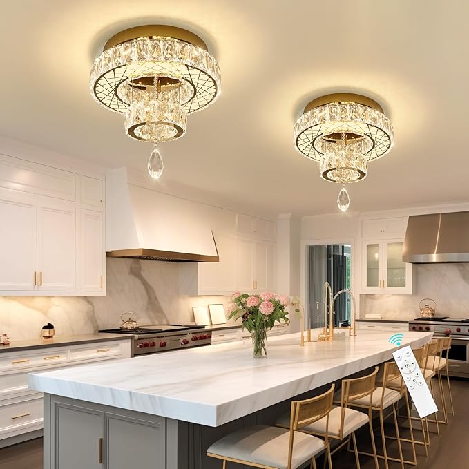 HAIXIANG Modern Glam Ceiling Chandelier Bedroom Light Fixtures Crystal Flat Sloping Ceiling Lights for Hallway Kitchen Dining Room Dimmable Light with Remote Gold