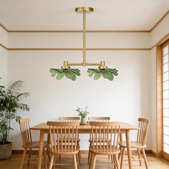 2-Light Modern Green Glass Chandelier, Gold Pendant Light with Leaf-Shaped Shades, Adjustable Height Industrial Farmhouse Chandelier for Dining Room, Kitchen Island, Foyer