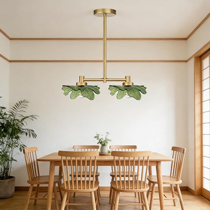 2-Light Modern Green Glass Chandelier, Gold Pendant Light with Leaf-Shaped Shades, Adjustable Height Industrial Farmhouse Chandelier for Dining Room, Kitchen Island, Foyer