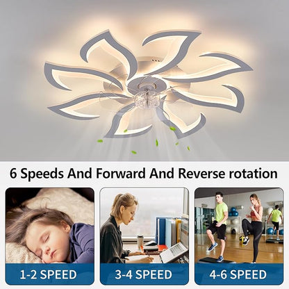 White Flower Modern Ceiling Fans with Lights, Low Profile Ceiling Fan with Remote for Bedroom, 32inch Flush Mount Ceiling Fan with LED Dimmable Light,6-Speeds, Timing CeilingFan Light-8L