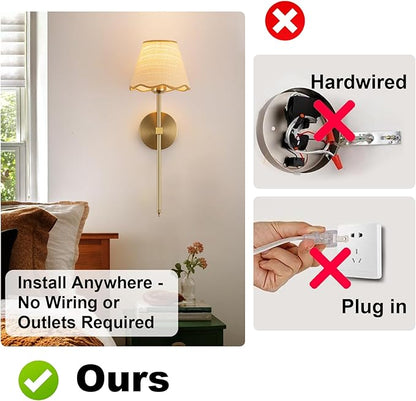 ADISUN Battery Operated Wall Sconce Set of 2, Gold Wall Lamps Rechargeable Bulbs for Living Room, Rattan Shade Wireless Wall Lights for Bedroom Living Room Hallway Kitchen(2 Bulbs Included)