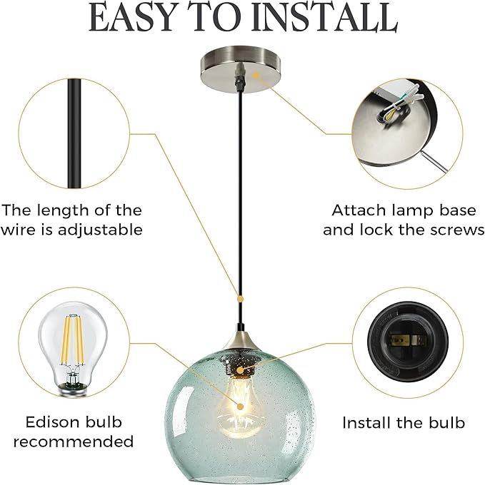 Light Green Glass Pendant Light for Kitchen Island, Includes 1 Bulb & 4.92FT Adjustable Cord, Modern Ceiling Pendant Lights for Kitchen, Dining Room, Living Room (7.1in,)