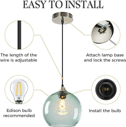 Light Green Glass Pendant Light for Kitchen Island, Includes 1 Bulb & 4.92FT Adjustable Cord, Modern Ceiling Pendant Lights for Kitchen, Dining Room, Living Room (7.1in,)