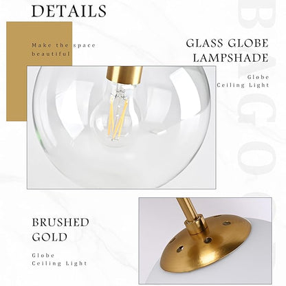 Bagood 8 Inch Gold Semi Flush Mount Ceiling Light Fixture Clear Glass Globe Ceiling Light Fixture Modern Hallway Light Fixtures Mid Century Ceiling Light Brass Finish for Entryway Bedroom (Bulb Incl.)