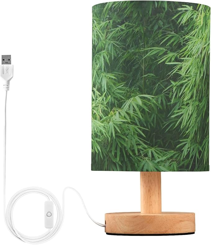 Green Bamboo Field Forest Botanical Print Table Lamp with Wood Base Fabric Lamp Shade Bedside Nightstand Desk Lamp for Living Room Bedroom Kids Room Office