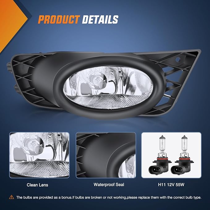 Nilight Fog Light Assembly Compatible with 2009 2010 2011 Honda Civic Sedan 4 Door with Clear Lens Fog Lamps Replacement H11 12V 55W Bulbs