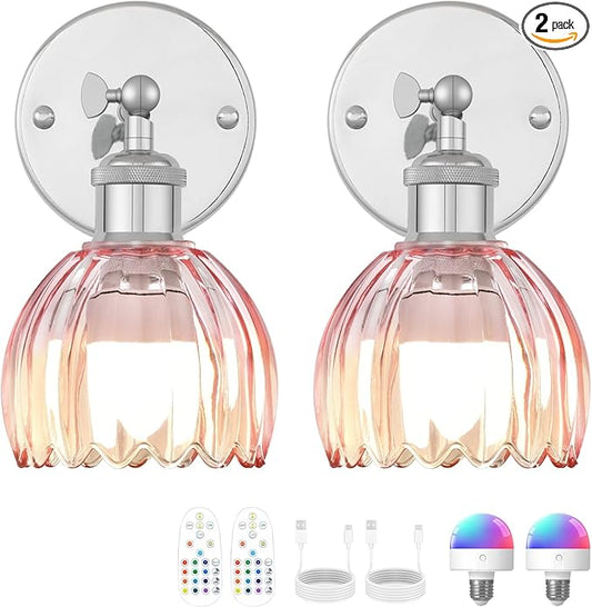 Vintage Battery Operated Wall Sconce, Pink Tulip Glass Lampshade Wireless Rechargeable Battery Powered LED Wall Light with Remote Dimmable for Bedside Bedroom Living Room, Silver, Set of 2