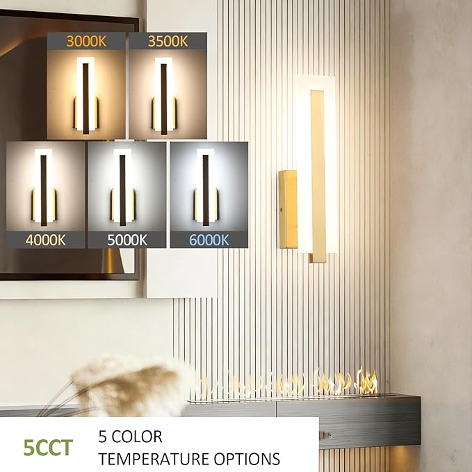 Tipace Hardwired Gold Dimmable Modern LED Wall Sconce 2 Packs 3000K 3500K 4000K 5000K 6000K Indoor Wall Lights Up and Down Wall Mount Light for Living Room Bedroom Hallway Corridor(5CCT)