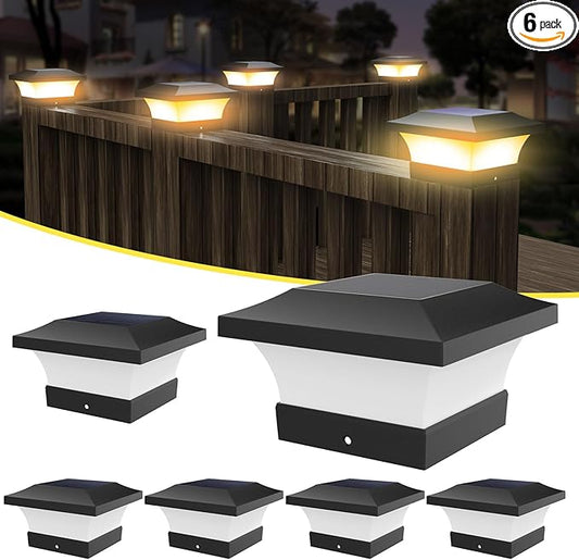 T-SUN 6 Pack 3000K Warm White Solar Post Cap Lights, 4x4 Outdoor Waterproof Solar Post Lights for Wood & Vinyl Fence Posts, Deck, Patio Railing, Black, Bracket Included