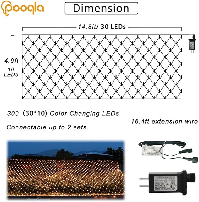 Pooqla Net Lights, 300LED Christmas Outdoor Mesh Light, 14.8x4.9 ft Fairy String Mesh Light 8 Modes Green Wire, Connectable Waterproof Net Lights for Bushes Tree Yard Christmas Decor, Warm White