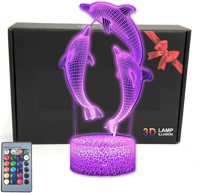 TriPro 3D Dolphin Night Light, LED Optical Illusion Lamp with 16 Colors & Remote Control, USB Touch Bedside Lamp for Kids Bedroom Decor, Ocean Animal Gift for Boys Girls Teens