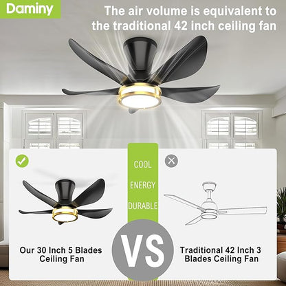 DAMINY 30 Inch Black and Gold 5 Blade Ceiling Fan with Light, Modern Ceiling Fan with Remote,Large Airflow,Flush Mount,6CCT,Dimmable,Noiseless,Bedroom