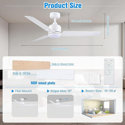Newday 48 Inch Ceiling Fans with Lights Remote for Bedroom Living Room Kitchen Office, Indoor or Covered Outdoor, 3CCT Dimmable, 3 Blades, 6 Speed Reversible Quiet DC Motor, White/Wood Grain