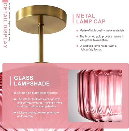 Art Deco Purple Ceiling Light Glass Semi-Flush Mount with Gold Finish, Bedroom Light Fixtures for Bathroom Living Room Entryway Closet Light