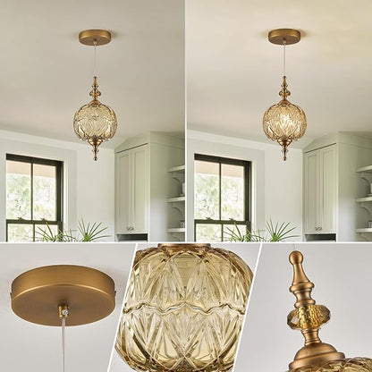 Vintage 2-Pack Pendant Light Fixtures Amber Glass Ceiling Pendant Lighting for Bedroom Living Room Dining Room with Original Vintage Design