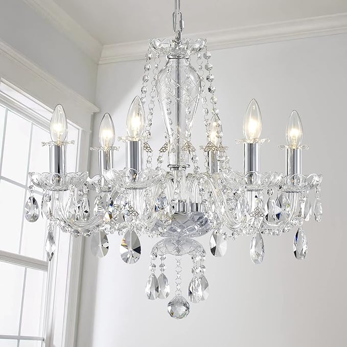 AGV LIGHTING Mid-Century Modern Chandeliers, Crystal Pendant Light Fixture, with 6-Lights, D22 x H20, Adjustable Chains 59", Chrome Finish