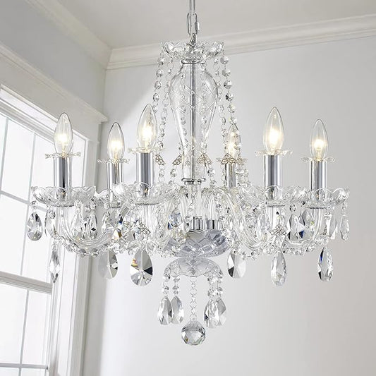 AGV LIGHTING Mid-Century Modern Chandeliers, Crystal Pendant Light Fixture, with 6-Lights, D22 x H20, Adjustable Chains 59", Chrome Finish