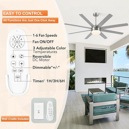 YUHAO 62 Inch Brushed Nickel Ceiling Fan with Light and Remote Control.Noiseless,Dimmable,3CCT,6 Speeds Reversible, DC Ceiling Fans for Indoor or Covered Outdoor Use.ETL Listed