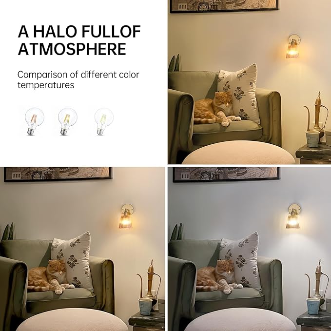 Shenmoyl Vintage Wall Sconces Set of 2 with Amber Stripe Glass Lampshade 180 Degree Adjustable Brass Sconces Hradwired Modern Wall Lighting Fixture with Switch for Bedside Bedroom Doorway