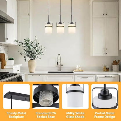 Black 3-Light Pendant Lighting, Adjustable Hanging Light Fixture with Milk Glass Shade, Modern Pendant Light for Kitchen Island Dining Room Bar Over Sink/Table/Counter