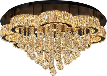Flashing God W32inches Modern Black Chandeliers Raindrop Crystal Ceiling Lighting Fixture Flush Mount Chandelier for Living Room Hallway Dining Room Kitchen Bedroom