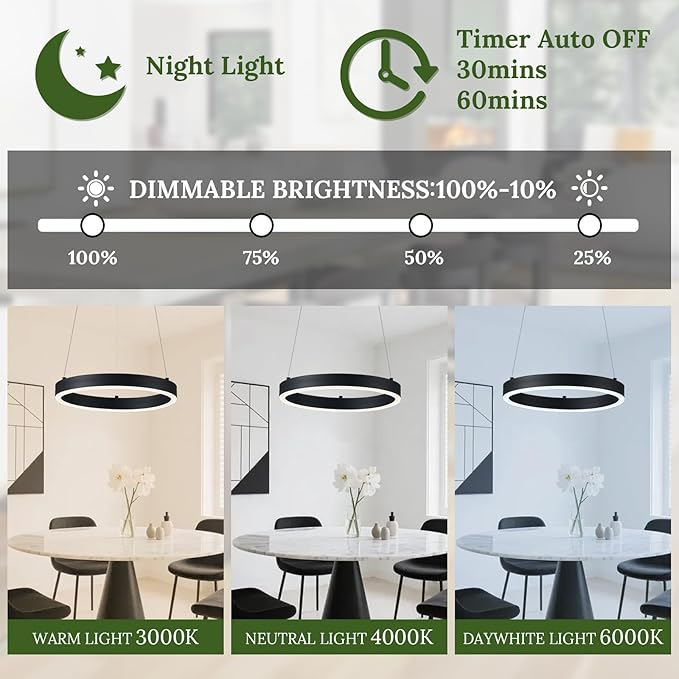 12in LED Ring Chandelier Black Modern Dimmable Pendant Light Height Adjustable Circular Hanging Ceiling Fixture for Kitchen Island Dining Table Entryway Sink