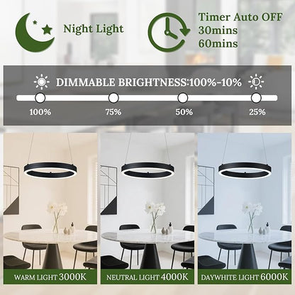 12in LED Ring Chandelier Black Modern Dimmable Pendant Light Height Adjustable Circular Hanging Ceiling Fixture for Kitchen Island Dining Table Entryway Sink