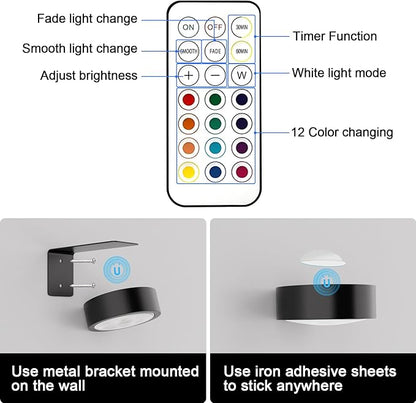 3 Pack Picture Lights for Wall, 13 RGB Color Rechargeable Battery Operated wall lights, Picture Frame lights with 3 Lighting Modes, Wireless Magnetic Painting Light with Remote Control Timer, (Black)