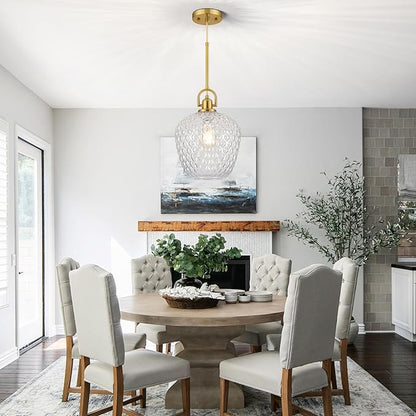 Brushed Gold Pendant Lights Kitchen Island, 10" Large Glass Pendant Light with Hammered Glass, Modern Hanging Lighting Fixtures for Kitchen Island Dining Room Entryway Foyer