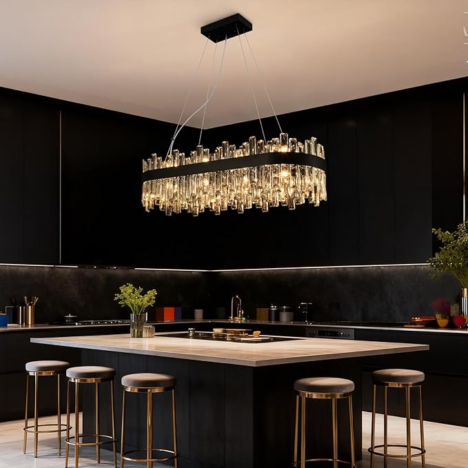 Weesalife Black Crystal Chandeliers for Dining Room, 20 Lights Modern Oval Chandelier for Lining Room, Rectangular Crystal Pendant Light Fixture for Kitchen Island Bar L36 Inch