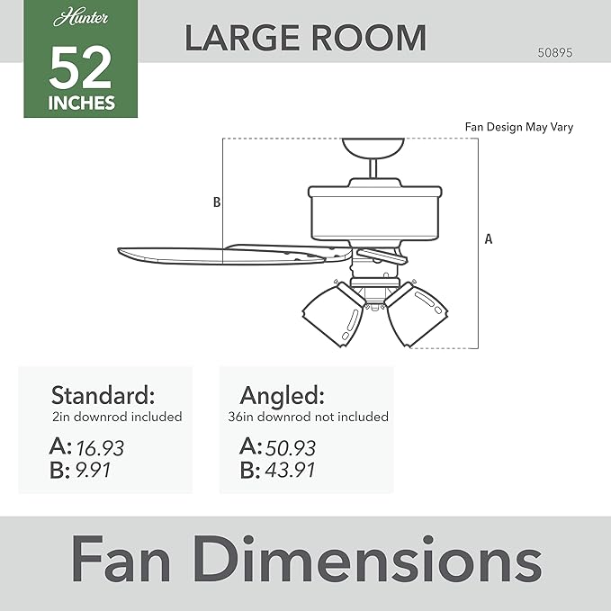 Hunter 52 inch Indoor Ceiling Fan with LED Lights - White Ceiling Fan with Pull Chain, For Bedroom, Living Room, or Kitchen, Standard Mount, No Remote, 5 Blades - Swanson 50895, Fresh White
