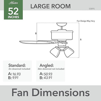 Hunter 52 inch Indoor Ceiling Fan with LED Lights - White Ceiling Fan with Pull Chain, For Bedroom, Living Room, or Kitchen, Standard Mount, No Remote, 5 Blades - Swanson 50895, Fresh White