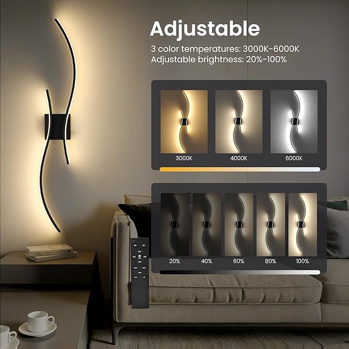 Battery Operated Wall Sconces Set of Two, 10000mAh Rechargeable Modern Wall Lights with Remote Control, Dimmable Black LED Cordless Lighting for Living Room, Bedroom, Hallway, 39.4 Inch, 3CCT