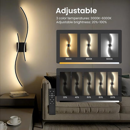 Battery Operated Wall Sconces Set of Two, 10000mAh Rechargeable Modern Wall Lights with Remote Control, Dimmable Black LED Cordless Lighting for Living Room, Bedroom, Hallway, 31.5 Inch, 3CCT