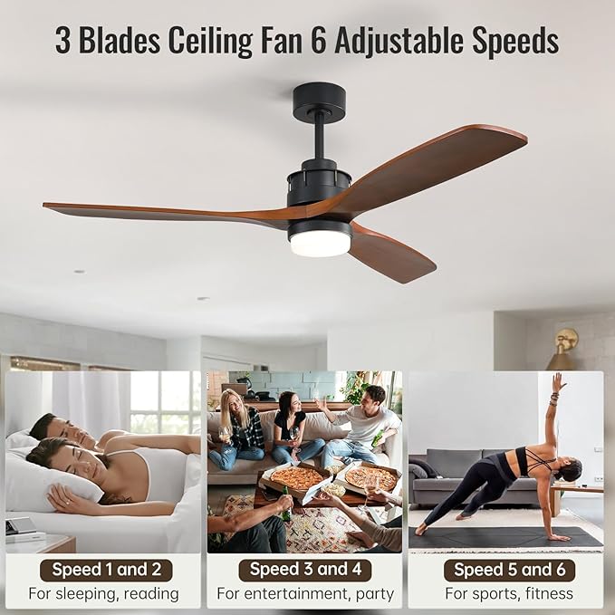 Sofucor 60 inch Ceiling Fan with Lights and Remote, Modern Large LED Ceiling Fan with 3 Walnut Blades and 3 Black Downrods, for Indoor Living Room Bedroom Outdoor Patio Porch, Reversible DC Motor