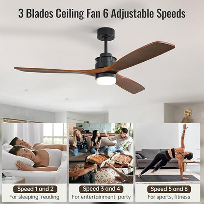 Sofucor 60 inch Ceiling Fan with Lights and Remote, Modern Large LED Ceiling Fan with 3 Walnut Blades and 3 Black Downrods, for Indoor Living Room Bedroom Outdoor Patio Porch, Reversible DC Motor
