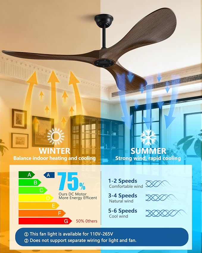 60 in Ceiling Fan of 7400+CFM High Airflow with Mute Remote Control,Ceiling Fan no light for Indoor/Outdoor Patios.6 Speed Noiseless Reversible DC Motor,Easy to Install with Timer for Living Room