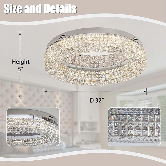 ykolupty 32'' Modern Chandeliers for Living Room Crystal Chandelier Flush Mount Ceiling Light Fixture for Dining Room Living Room Bedroom Dimmable 2700-6000K