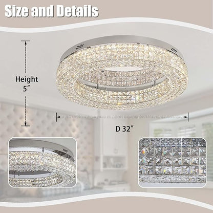 ykolupty 32'' Modern Chandeliers for Living Room Crystal Chandelier Flush Mount Ceiling Light Fixture for Dining Room Living Room Bedroom Dimmable 2700-6000K
