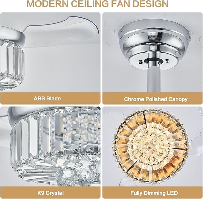 DuMaiWay 30" Chandelier Ceiling Fan with Light Crystal Modern Fandelier Reversible Ceiling Fan Dimmable Retractable Timer for Bedroom Dining Living Room Silver Chrome