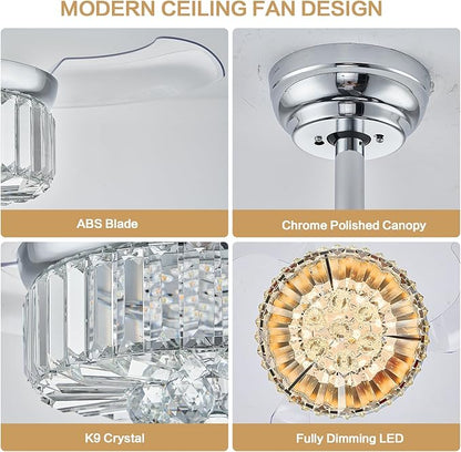 DuMaiWay 30" Chandelier Ceiling Fan with Light Crystal Modern Fandelier Reversible Ceiling Fan Dimmable Retractable Timer for Bedroom Dining Living Room Silver Chrome
