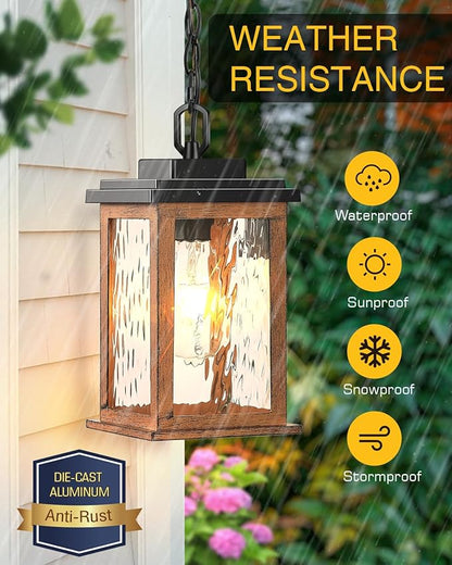 VIANIS Outdoor Pendant Light Fixtures, Wood Grain Outside Hanging Lights Lantern, Outdoor Ceiling Lights for Porch with Waterproof, Aluminum Porch Lights Ceiling with Water Ripple Glass