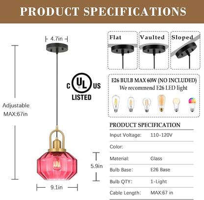 9in Mid Century Modern Wine Red Glass Pendant Light Fixture, Small Gold Kitchen Island Pendants Light Glass Ceiling Hanging Lamp for Foyer Dining Room Bedroom Entryway Hallway Over Sink
