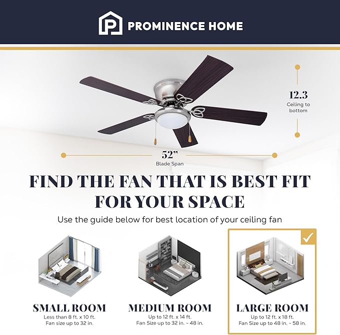 Prominence Home Benton Traditional 52 Inch Ceiling Fan with Light, LED Flush Mount Ceiling Fan, Indoor Fan with 5 Blades, Brown Walnut and Brown Maple Blade Finish Options, Brushed Nickel (51428-01)