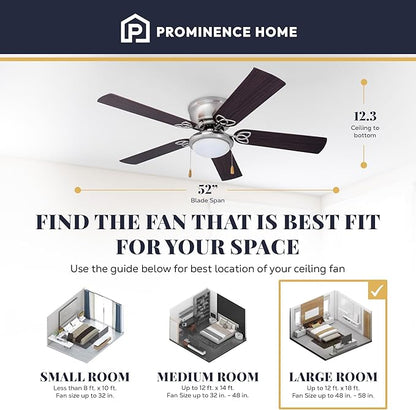 Prominence Home Benton Traditional 52 Inch Ceiling Fan with Light, LED Flush Mount Ceiling Fan, Indoor Fan with 5 Blades, Brown Walnut and Brown Maple Blade Finish Options, Brushed Nickel (51428-01)
